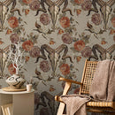 Gothic Wallpaper with an Embroidered Goat Skull in Rust and Brown - D887