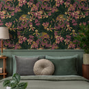 Gothic Wallpaper with an Embroidered Skull and Orchid Motif in Green, Pink, and Gold - D894