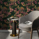 Gothic Wallpaper with an Embroidered Skull and Orchid Motif in Green, Pink, and Gold - D894