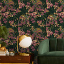 Gothic Wallpaper with an Embroidered Skull and Orchid Motif in Green, Pink, and Gold - D894
