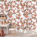 Floral Wallpaper with Cherry Blossom Branches in Red and Green - D961