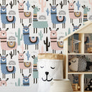 Scandinavian Wallpaper with a Whimsical Alpaca and Cactus Motif in Pink, Blue, and Teal - A740