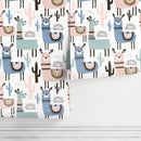Scandinavian Wallpaper with a Whimsical Alpaca and Cactus Motif in Pink, Blue, and Teal - A740