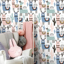 Scandinavian Wallpaper with a Whimsical Alpaca and Cactus Motif in Pink, Blue, and Teal - A740