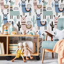 Scandinavian Wallpaper with a Whimsical Alpaca and Cactus Motif in Pink, Blue, and Teal - A740