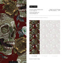 Gothic Wallpaper with Embroidered Skulls and Roses in Red, Green, and Brown - D909
