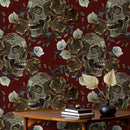 Gothic Wallpaper with Embroidered Skulls and Roses in Red, Green, and Brown - D909