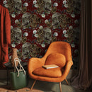 Gothic Wallpaper with Embroidered Skulls and Roses in Red, Green, and Brown - D909