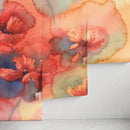 Watercolor Wallpaper with a Vibrant Poppy Motif in Red, Orange, and Blue - A162