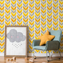 Midcentury Wallpaper with a Stylized Leaf Motif in Yellow and Grey - A179