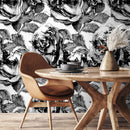 Floral Wallpaper with Abstract Sketched Roses in Black, White, and Gray - A403