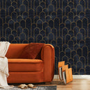 Art Deco Wallpaper with a Geometric Arch Pattern in Charcoal and Gold - A476