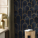 Art Deco Wallpaper with a Geometric Arch Pattern in Charcoal and Gold - A476