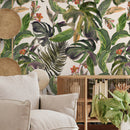Botanical Wallpaper with Watercolor Monstera Leaves in Green, Purple, and Red - A487