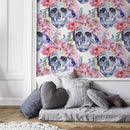 Floral Wallpaper with Ornamental Skulls in Blue, Pink, and Orange - D924