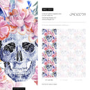 Floral Wallpaper with Ornamental Skulls in Blue, Pink, and Orange - D924
