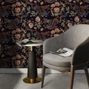 Chinoiserie Wallpaper with Dragons and Roses in Blue, Brown, and Orange - D879