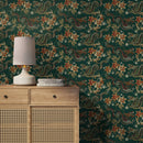Chinoiserie Wallpaper with an Embroidered Dragon Motif in Green, Gold, and Orange - D873
