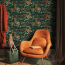 Chinoiserie Wallpaper with an Embroidered Dragon Motif in Green, Gold, and Orange - D873
