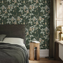 Floral Wallpaper with an Embroidered Motif in Green, Beige, and White - D869