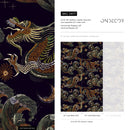 Chinoiserie Wallpaper with an Embroidered Dragon Motif in Black, Orange, and Green - D877