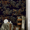 Chinoiserie Wallpaper with an Embroidered Dragon Motif in Black, Orange, and Green - D877