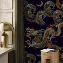 Chinoiserie Wallpaper with an Embroidered Dragon Motif in Black, Orange, and Green - D877