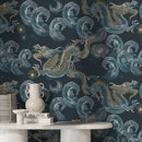 Chinoiserie Wallpaper with Mythical Dragons and Waves in Blue, Gold, and White - D876