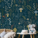 Botanical Wallpaper with Whimsical Mushrooms and Wildflowers in Teal, Green, and Orange - D911