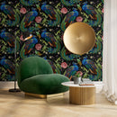 Peacock Wallpaper with an Embroidered Floral Motif in Blue, Green, and Pink - D882