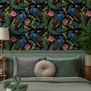 Peacock Wallpaper with an Embroidered Floral Motif in Blue, Green, and Pink - D882