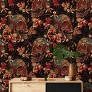Skull Wallpaper with an Embroidered Floral Motif in Black, Red, and Yellow - D896