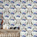Floral Wallpaper with a Bohemian Bull Skull Motif in Blue, Pink, and Green - D926