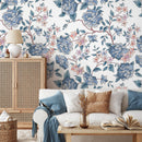 Vintage Floral Wallpaper with Peonies and Blossoms in Blue and Pink - A594