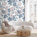 Vintage Floral Wallpaper with Peonies and Blossoms in Blue and Pink - A594