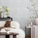 Tile Wallpaper with a Distressed Damask Motif in Gray and White - A610