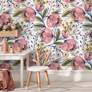 Floral Wallpaper with Stylized Blooms in Pink, Yellow, and Blue - A692