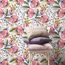 Floral Wallpaper with Stylized Blooms in Pink, Yellow, and Blue - A692
