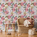 Floral Wallpaper with Stylized Blooms in Pink, Yellow, and Blue - A692