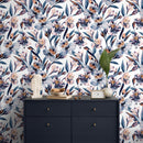 Floral Wallpaper with Watercolor Orchids in Blue, Purple, and Orange - A940
