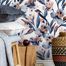 Floral Wallpaper with Watercolor Orchids in Blue, Purple, and Orange - A940