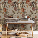 Gothic Wallpaper with an Embroidered Goat Skull in Rust and Brown - D887