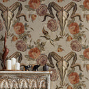 Gothic Wallpaper with an Embroidered Goat Skull in Rust and Brown - D887