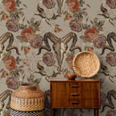 Gothic Wallpaper with an Embroidered Goat Skull in Rust and Brown - D887
