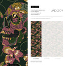 Gothic Wallpaper with an Embroidered Skull and Orchid Motif in Green, Pink, and Gold - D894