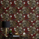 Gothic Wallpaper with Embroidered Skulls and Roses in Red, Green, and Brown - D909