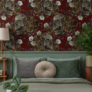 Gothic Wallpaper with Embroidered Skulls and Roses in Red, Green, and Brown - D909