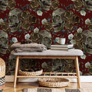 Gothic Wallpaper with Embroidered Skulls and Roses in Red, Green, and Brown - D909
