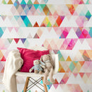 Geometric Wallpaper with Triangles in Pink, Teal, and Yellow - A154
