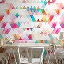 Geometric Wallpaper with Triangles in Pink, Teal, and Yellow - A154